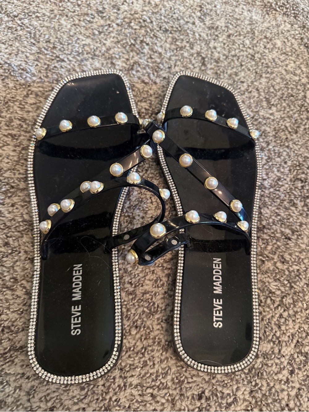 Steve Madden Black Pearl-Trim Slide Sandals